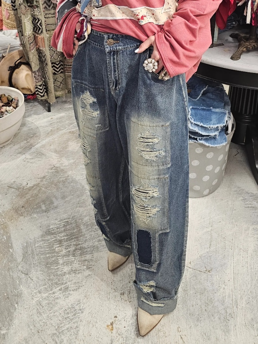0138 A Rare Bird Dark Wash Stretchy Waist Faded Distressed patch Denim Jeans